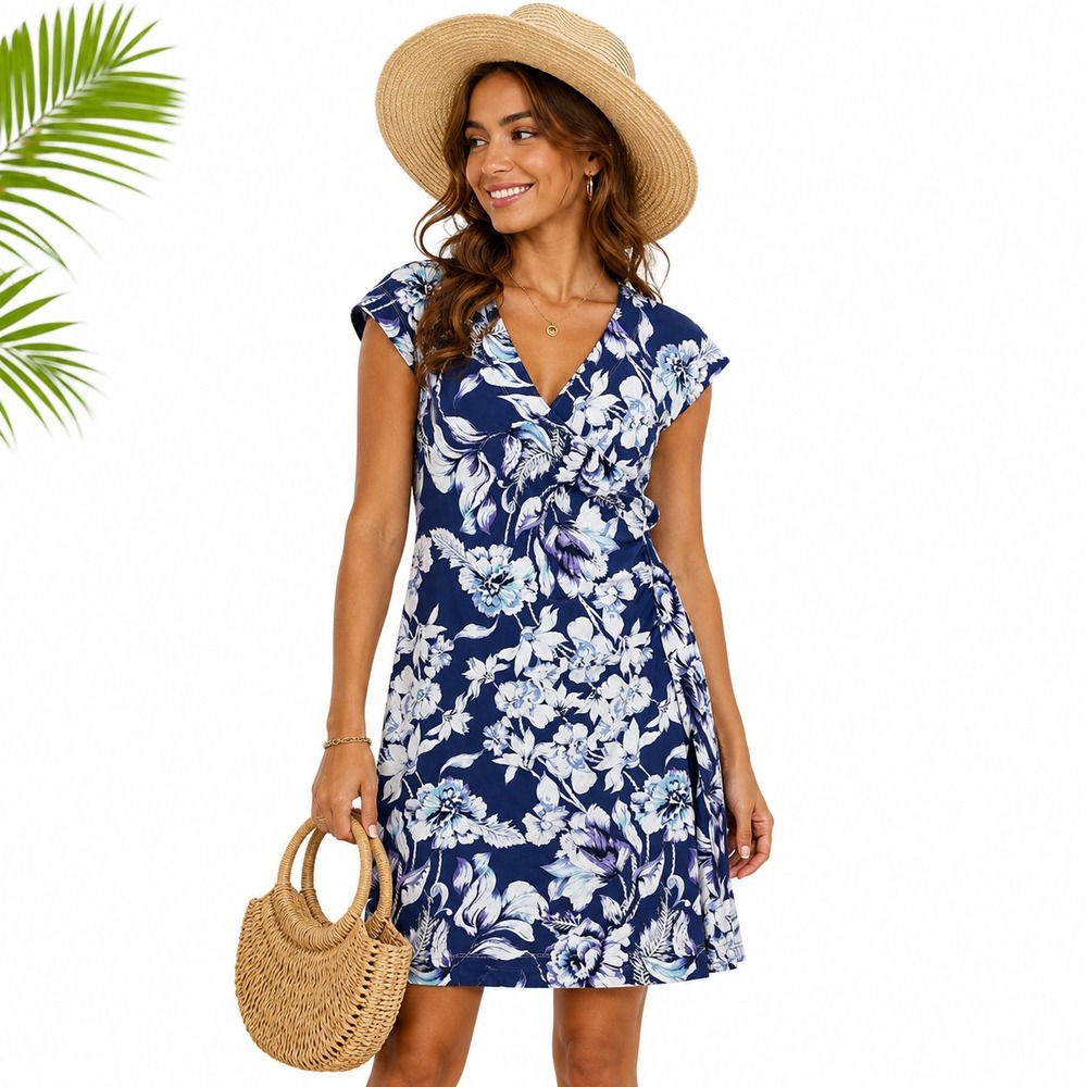 Soft Surroundings Floral Faux Wrap Dress Women Medium Blue Cotton Jersey Stretch